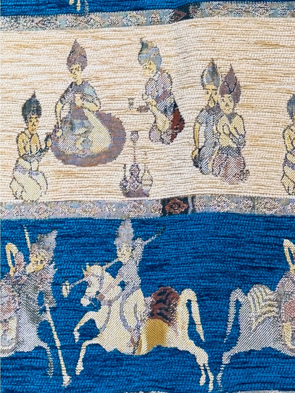 3 Square Pillow Covers Turkish Horsemen Riders in Blue Cream Gold Middle Eastern
